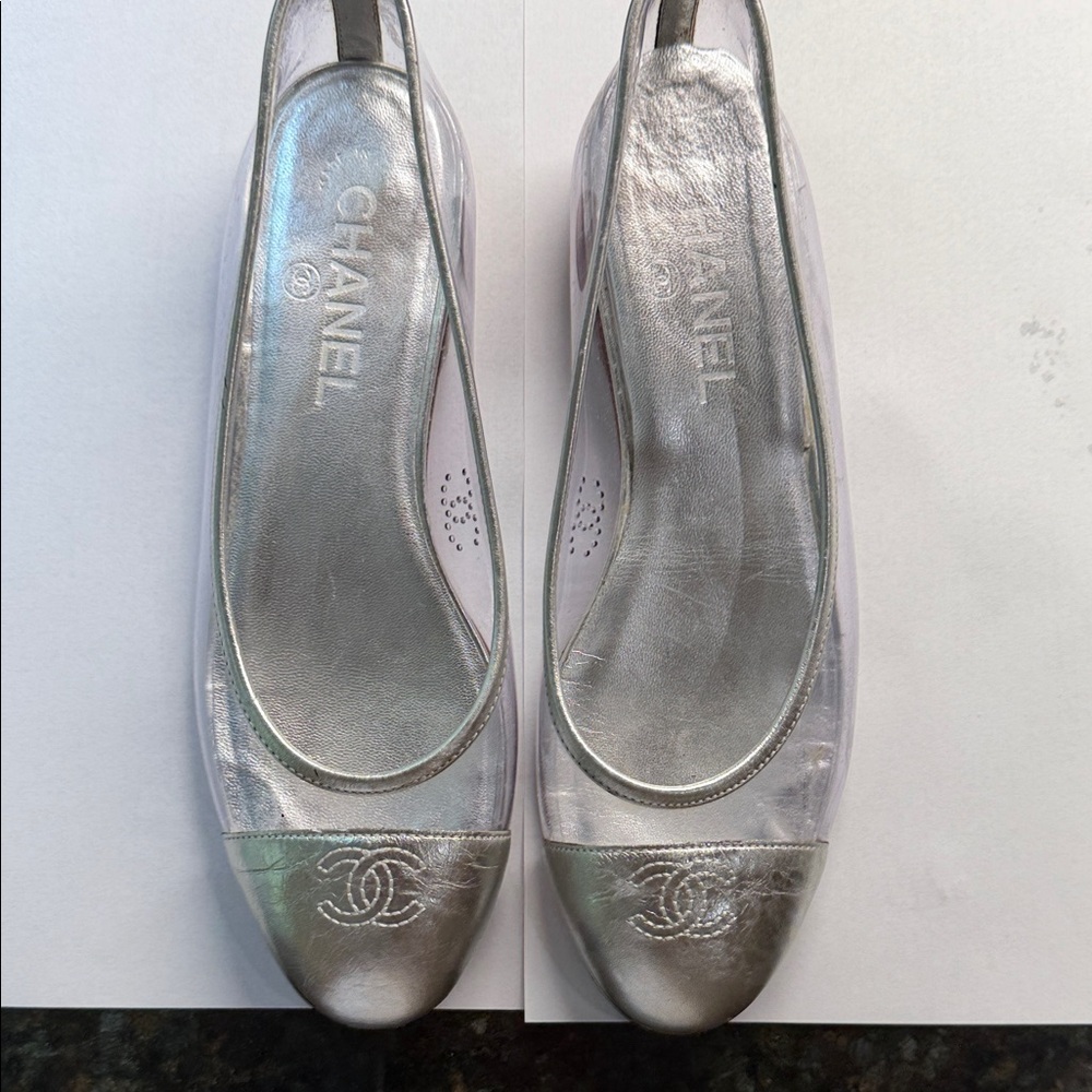 CHANEL Silver & Clear PVC Ballet Flats with Metallic Cap Toe